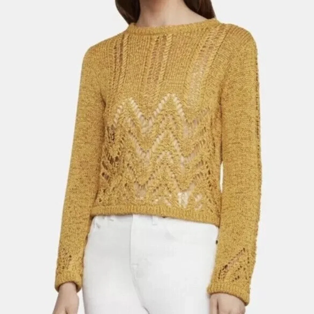 Golden mustard yellow open knit crochet style sweater boho chic textured top - Picture 1 of 5